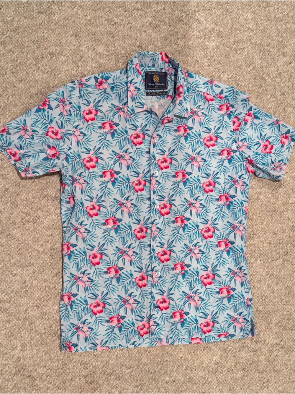 Floral Hawaiian Shirt Short Sleeve Button-Down - Blue with Pink flowers
